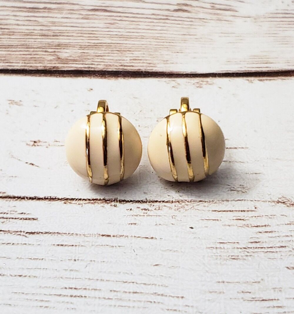 Vintage Clip On Earrings - Dainty Cream with Gold Tone Lines